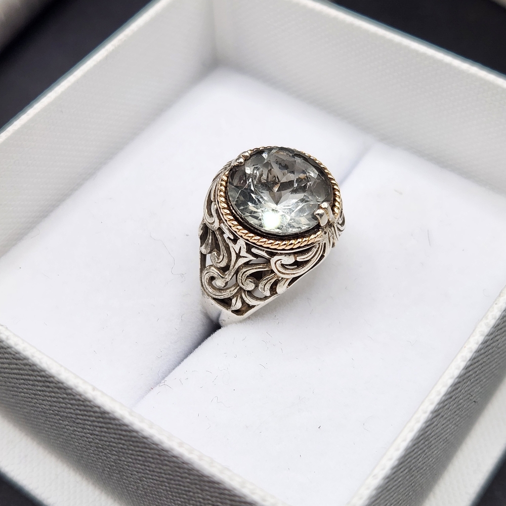 925 SS & 14k Yellow Gold Prasiolite Ring
